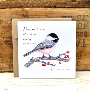 Chickadee Christian card, His mercies are new every morning Bible verse card bird greeting card encouragement, Christian gift scripture card Recycled Kraft