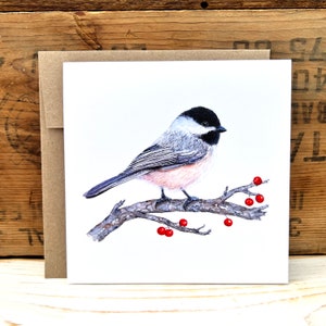Carte de voeux mésange à tête noire avec baies rouges avec enveloppe, carte oiseau, carte pour oiseau aquarelle, cadeau pour amoureux des oiseaux, carte faune