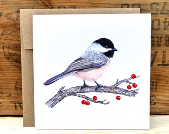 Black capped chickadee with red berries greeting card with envelope, bird card, watercolor bird notecard, bird lover gift, wildlife card