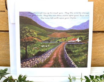 Irish blessing card, Ireland greeting card with envelope, St Patricks day friendship card, May the road rise up to meet you, cottagecore