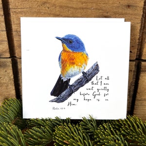 Bird bible verse card, wait quietly before God greeting card encouragement, Christian gift scripture card, Psalm 62:5, blue flycatcher Bright white