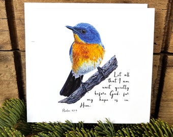 Bird bible verse card, wait quietly before God greeting card encouragement, Christian gift scripture card, Psalm 62:5, blue flycatcher