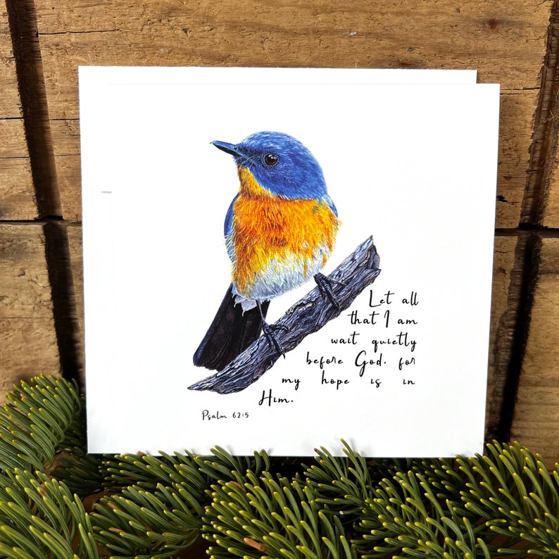 Bird bible verse card, wait quietly before God greeting card encouragement, Christian gift scripture card, Psalm 62:5, blue flycatcher Bright white