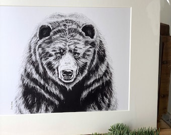 Bear art print, Ole Griz bosbeer tekening, grizzly beer rustiek interieur, dierenliefhebber beer minnaar cadeau, cabine decor