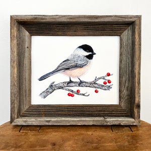 Chickadee painting, watercolor bird print, black capped chickadee bird art, wall art cabin home decor, bird lover gift, wall decor, nature