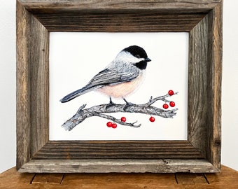 Pintura de carbonero, impresión de pájaro en acuarela, arte de pájaro carbonero de cabeza negra, decoración de cabaña de arte de pared, regalo para amantes de las aves, decoración de pared, naturaleza