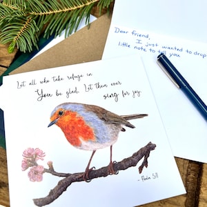 Cartão cristão de pássaro Robin, cartão de versículo bíblico do Salmo 5:11, cartão de encorajamento de cartão de felicitações, cartão de escritura de presente cristão, cartão de pássaro Robin europeu