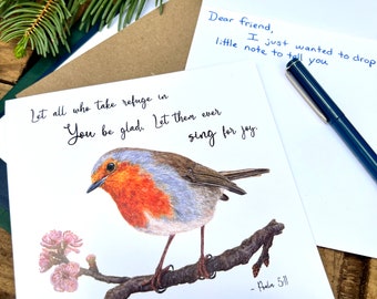 Robin bird Christian card, Psalm 5:11 Bible verse card, greeting card encouragement, Christian gift scripture card, bird card European robin