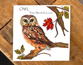 Owl art print, watercolor owl, Beatles quote all you need is love, wall art home decor, bird lover gift, nature print, inspiration