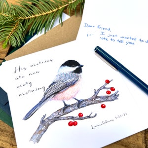 Chickadee Christian card, His mercies are new every morning Bible verse card bird greeting card encouragement, Christian gift scripture card image 2