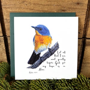 Bird bible verse card, wait quietly before God greeting card encouragement, Christian gift scripture card, Psalm 62:5, blue flycatcher Forest green linen