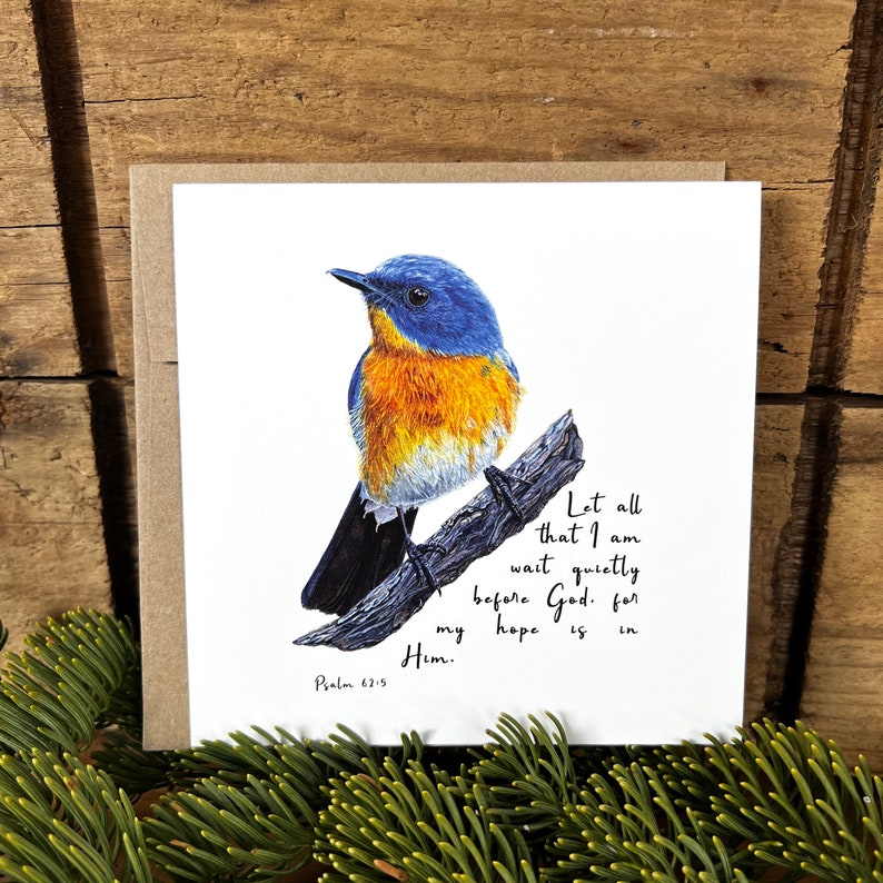 Bird bible verse card, wait quietly before God greeting card encouragement, Christian gift scripture card, Psalm 62:5, blue flycatcher Recycled Kraft