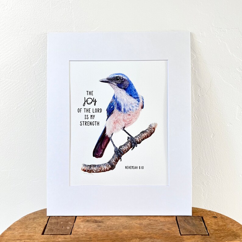 Scrub Jay Bird Bible Verse Art Print, the Joy of the Lord is My ...