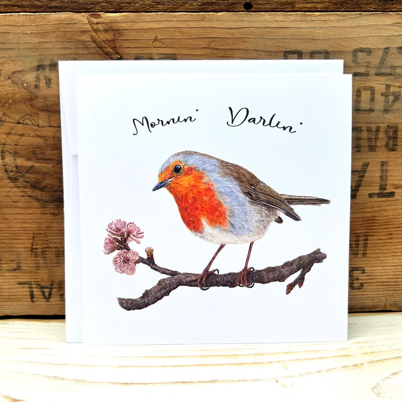 Mornin' Darlin' quote Robin greeting card with envelope, bird card, watercolor bird notecard, blank art card, bird lover gift wildlife card Bright white