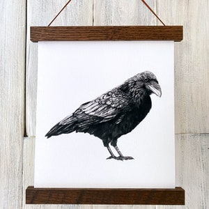 Framed raven art print, crow art, raven illustration print, raven art woodland wildlife home decor wall art nature wall decor