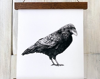 Framed raven art print, crow art, raven illustration print, raven art woodland wildlife home decor wall art nature wall decor