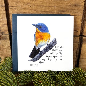 Bird bible verse card, wait quietly before God greeting card encouragement, Christian gift scripture card, Psalm 62:5, blue flycatcher Nautical blue linen