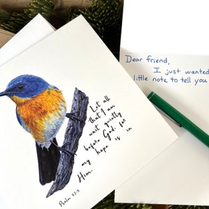 Bird bible verse card, wait quietly before God greeting card encouragement, Christian gift scripture card, Psalm 62:5, blue flycatcher image 4