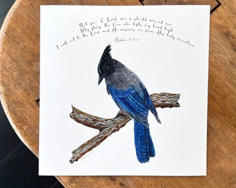 Impresión artística del versículo bíblico de Steller's Jay, Salmo 3:3-4, Tú, oh Señor, eres un escudo a mi alrededor, arte mural de las Escrituras, arte de aves, regalo cristiano religioso