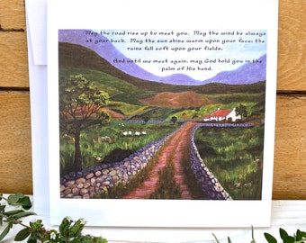 Religious Irish blessing greeting card with envelope, May the road rise up to meet you, St Patricks day, Ireland Christian card, art card