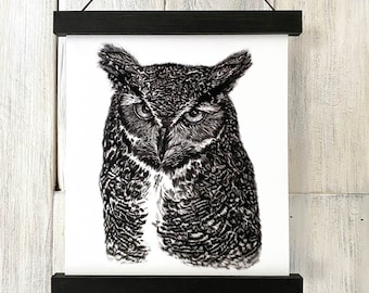Owl wildlife illustration print, woodland art print nature lover gift, owl wall art, fine art giclee print, rustic farmhouse home decor