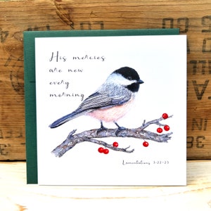 Chickadee Christian card, His mercies are new every morning Bible verse card bird greeting card encouragement, Christian gift scripture card Forest green linen