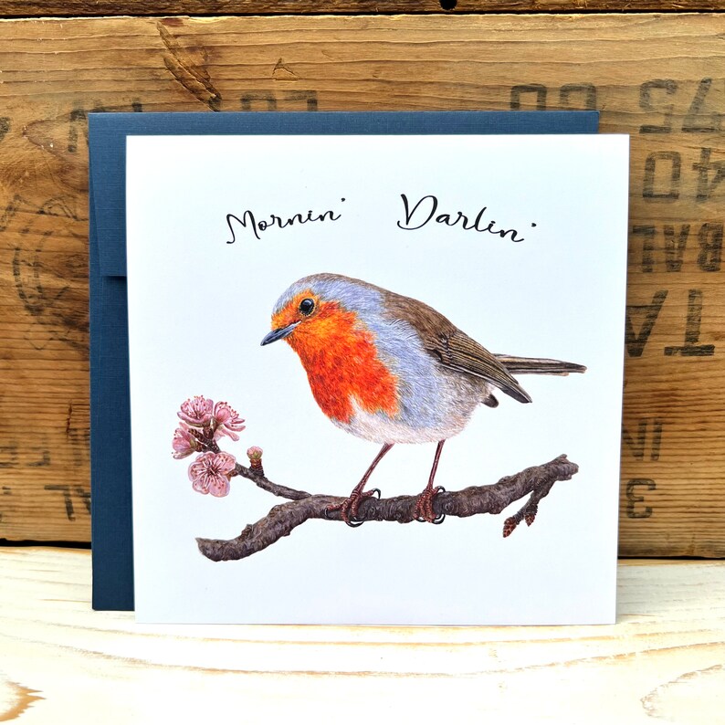 Mornin' Darlin' quote Robin greeting card with envelope, bird card, watercolor bird notecard, blank art card, bird lover gift wildlife card Nautical blue linen
