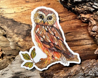 Owl vinyl sticker, owl waterproof vinyl decal, nature lover gift, watercolor owl illustration, stocking stuffer, thermos sticker, owl gift