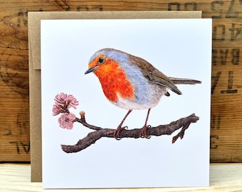 European robin with blossoms greeting card with envelope, bird card, watercolor bird notecard, blank art card, bird lover gift wildlife card