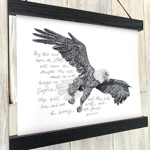 Wings like eagles Isaiah 40:31 Bible verse framed art print, scripture wall home decor for Christian gift, black frame, Fine art Giclee