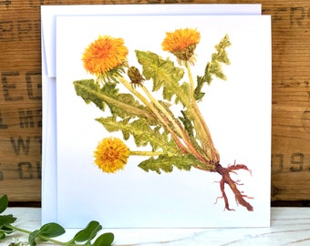 Dandelion greeting card, wildflower botanical watercolor illustration card, art card, blank note card, floral stationary, cottagecore card