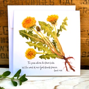 Cartão de versículo bíblico de Isaías 40:8, a grama murcha a flor desaparece Cartão cristão, cartão de felicitações em aquarela de dente de leão, cartão de incentivo