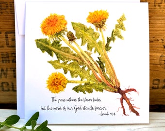 Isaiah 40:8 bible verse card, the grass withers the flower fades Christian card, dandelion watercolor greeting card, encouragement card