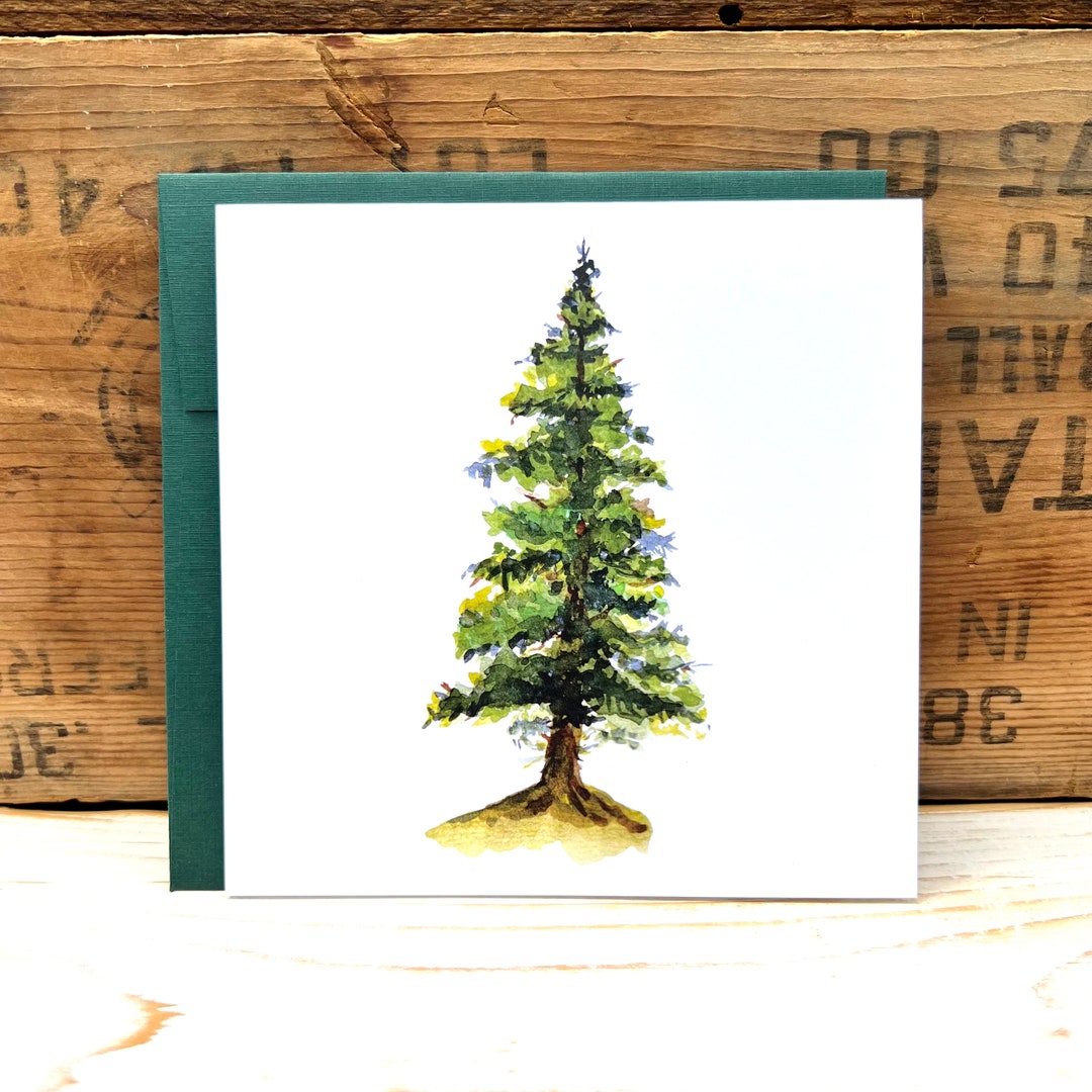 Pine Tree Greeting Card, Evergreen Tree Watercolor Illustration Card ...