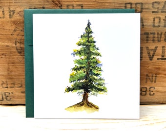 Pine Tree greeting card, evergreen tree watercolor illustration card, tree art card, blank note card, forest adventure card, woodland card
