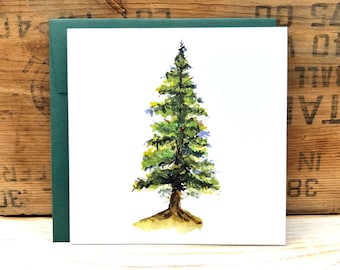 Tarjeta de felicitación de pino, tarjeta de ilustración de acuarela de árbol de hoja perenne, tarjeta de arte de árbol, tarjeta de nota en blanco, tarjeta de aventura en el bosque, tarjeta de bosque