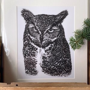 Owl wall art illustration print, wildlife art, owl gift nature lover gift, fine art giclee print, black and white wall decor art prints