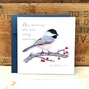 Chickadee Christian card, His mercies are new every morning Bible verse card bird greeting card encouragement, Christian gift scripture card Nautical blue linen