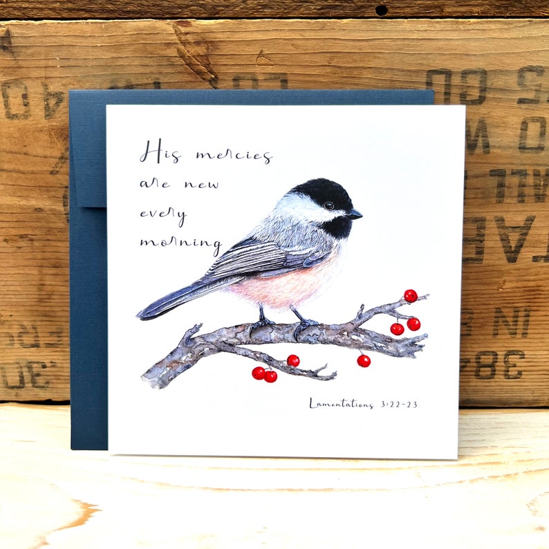Chickadee Christian card, His mercies are new every morning Bible verse card bird greeting card encouragement, Christian gift scripture card Nautical blue linen