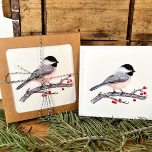 Tarjeta de felicitación Chickadee con sobres, tarjetas de notas para todas las ocasiones, amantes de las aves, tarjetas de arte de vida silvestre en blanco, carbonero con tapa negra, tarjeta de pájaro