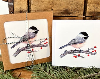 Chickadee greeting card set with envelopes, all-occasion notecards, bird lovers, blank wildlife art cards, black capped chickadee, bird card