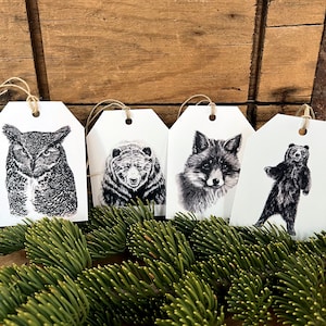 Luxury gift tags, large gift tags for all-occasions, Woodland wildlife, watercolor gift tags, bear, fox, owl gift tags, woodsy gift image 1