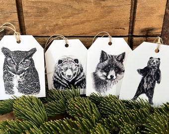 Luxury gift tags, large gift tags for all-occasions, Woodland wildlife, watercolor gift tags, bear, fox, owl gift tags, woodsy gift