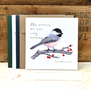 Chickadee Christian card, His mercies are new every morning Bible verse card bird greeting card encouragement, Christian gift scripture card image 7