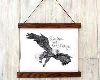 Inspirational quote art print, "Rise Up and Soar Strong" Eagle illustration print, wall hanging for wildlife animal lover gift, farmhouse