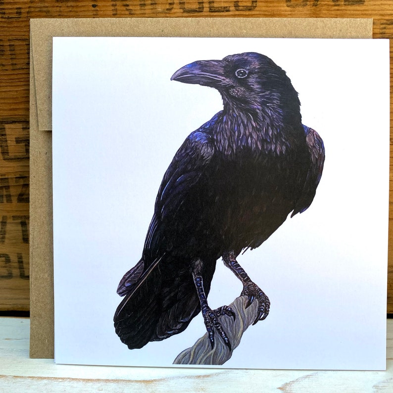 Raven card, crow card, greeting card with envelope, notecard, blank art card, bird card, bird lover gift, wildlife card Recycled Kraft
