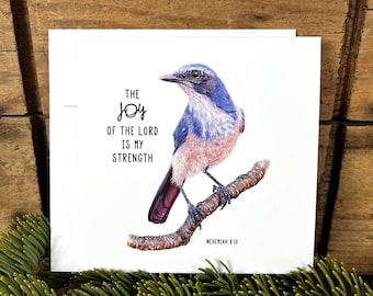 Scrub Jay bible verse card, Joy of the Lord is my strength greeting card encouragement, Christian gift scripture card, Nehemiah 8:10