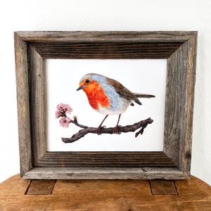 Robin watercolor painting bird print, European robin with blossoms bird art, cabin home decor, bird lover gift wall art, wall decor, nature