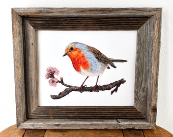 Robin watercolor painting bird print, European robin with blossoms bird art, cabin home decor, bird lover gift wall art, wall decor, nature