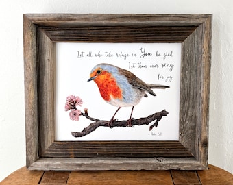 Impresión de arte cristiano de pájaro petirrojo, Salmo 5:11, impresión de arte con versículo bíblico de pájaro, arte de pared de las Escrituras, decoración cristiana para el hogar, impresión de arte religioso